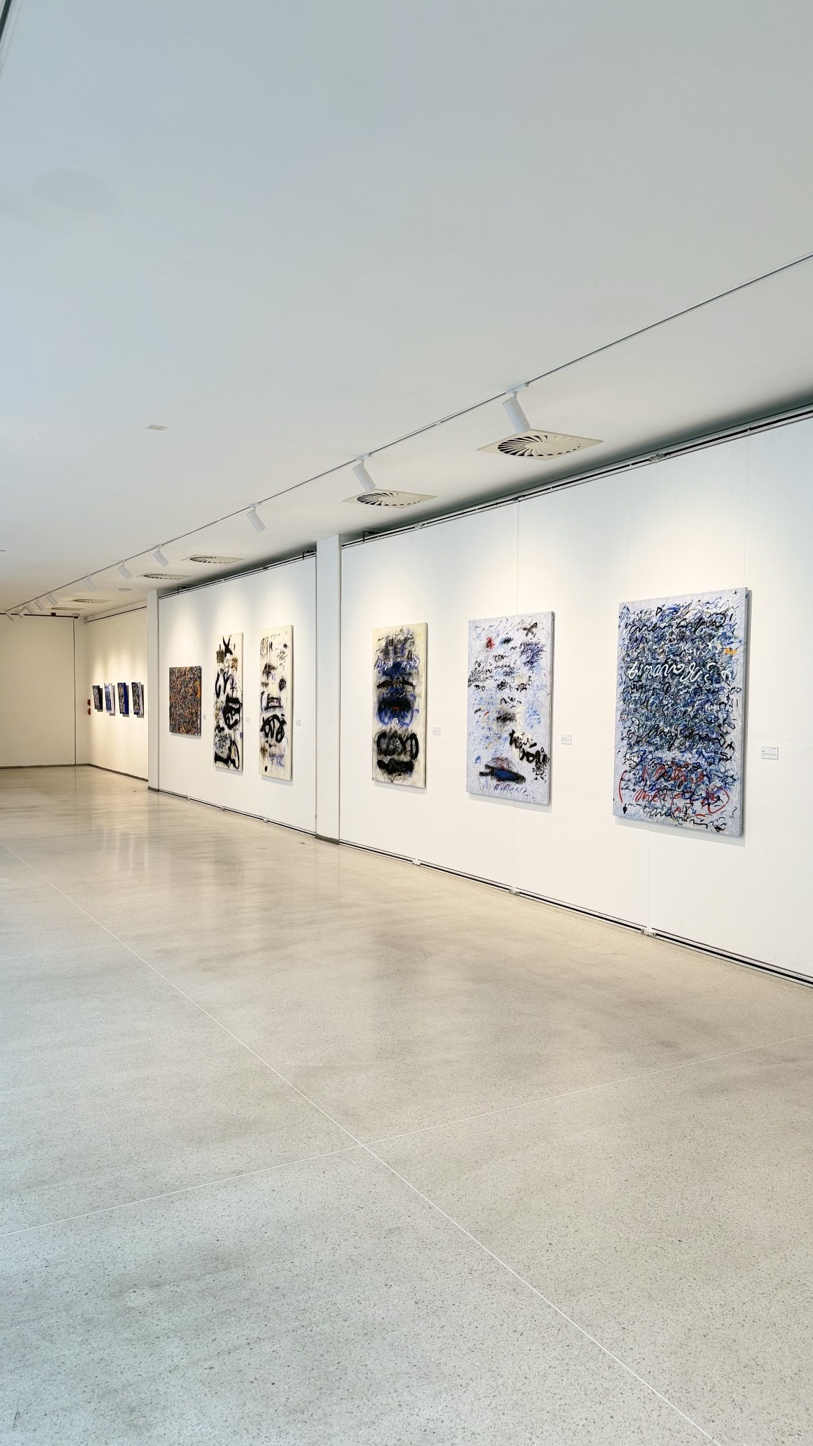 The long installation wall at Galerie Mánes